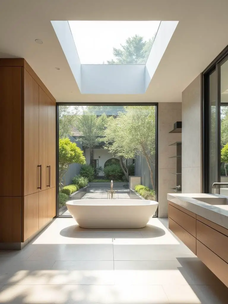 Modern bathroom with a large picture window and skylight, showcasing abundant natural light flooding the space with a freestanding tub in the foreground.