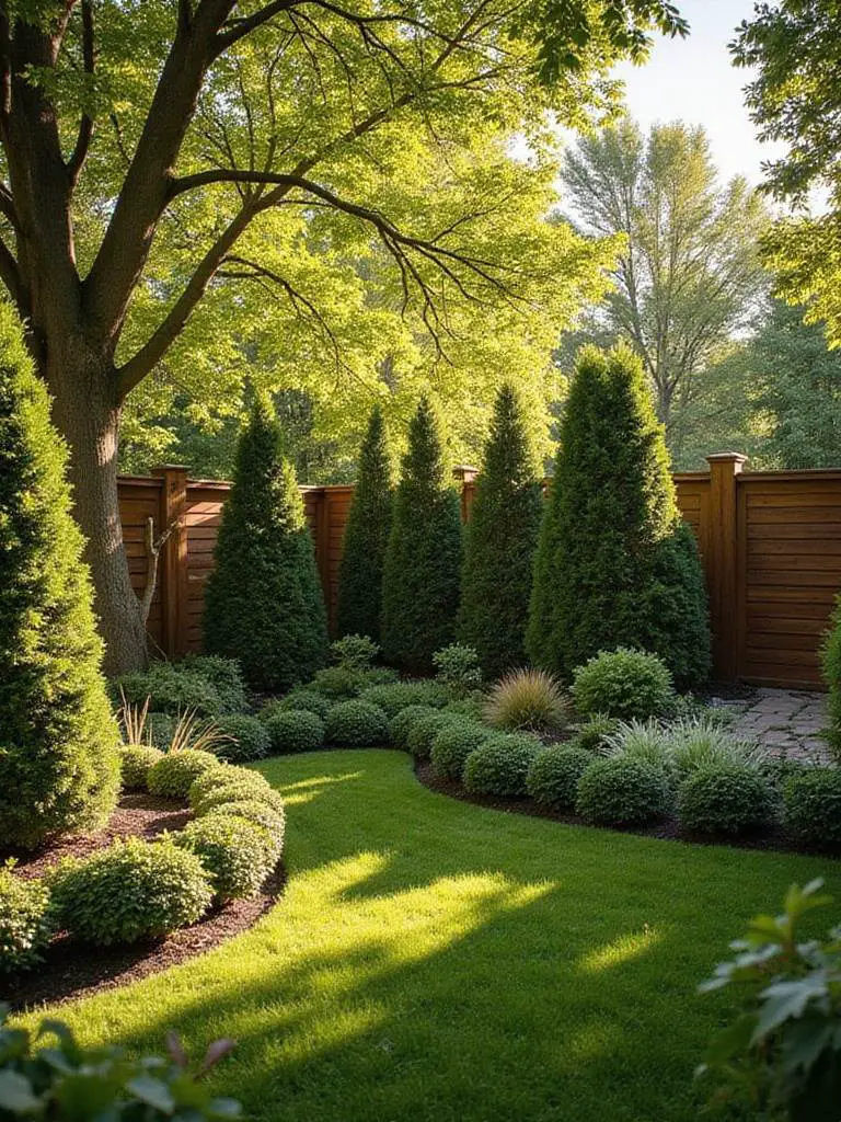 A serene backyard with privacy screens made of hedges and a wooden fence, under warm golden lighting.