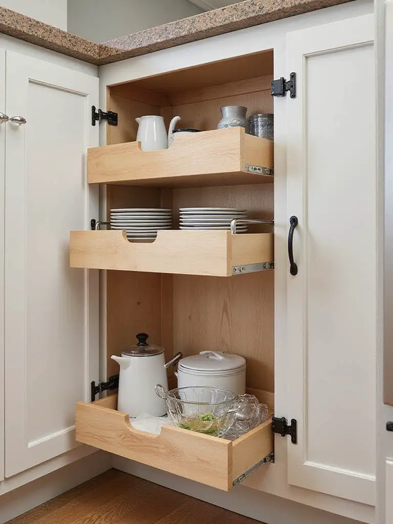 Smart kitchen storage solutions including pull-out drawers and organizational systems for efficient kitchen interior design