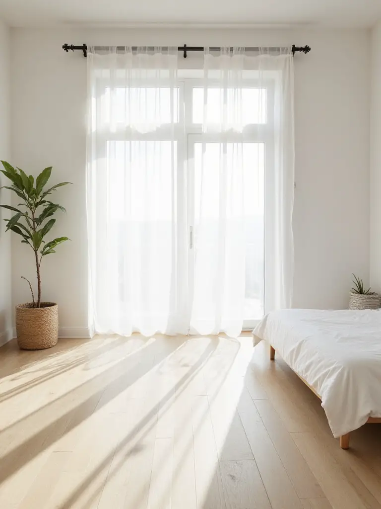 Minimalist bedroom interior with large window and sheer curtains, maximizing natural light.