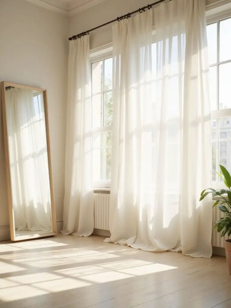 Bright and airy bedroom featuring large windows with sheer curtains, allowing abundant natural light to fill the space. A mirror reflects the sunlight, maximizing brightness. Light-colored walls and minimal furniture enhance the feeling of openness and light.