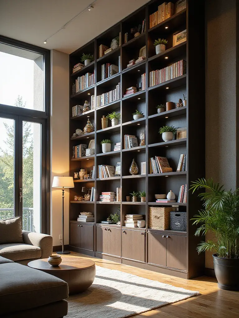 Modern apartment living room featuring floor-to-ceiling vertical shelving maximizing space with organized books, plants, and decor.