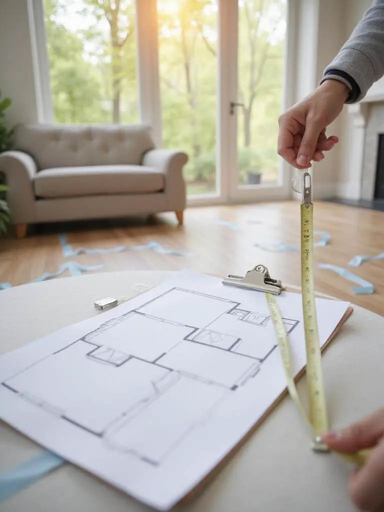 Measuring a living room wall with a tape measure during space planning for new furniture. Floor plan sketch and tape outlines visible.