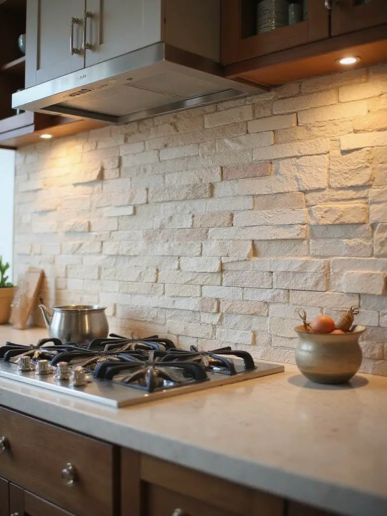 Professional photo of a kitchen backsplash featuring realistic tile-effect wallpaper.