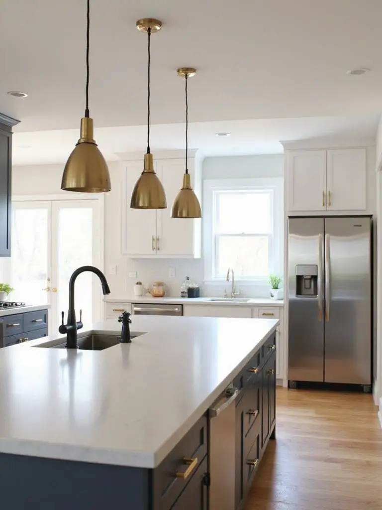 Stylish modern kitchen showcasing mixed metal finishes, including brushed brass cabinet hardware, a matte black faucet, and brushed nickel pendant lights.
