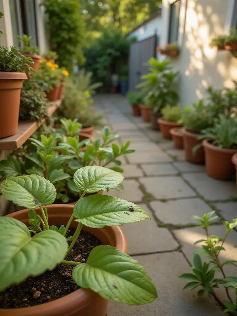 A vibrant patio scene with many potted plants, highlighting the importance of regular monitoring for plant health.