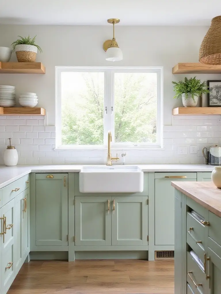Modern farmhouse kitchen with sage green lower cabinets, open light oak shelving, white subway tile backsplash, and light quartz countertops. Natural light fills the tranquil space.