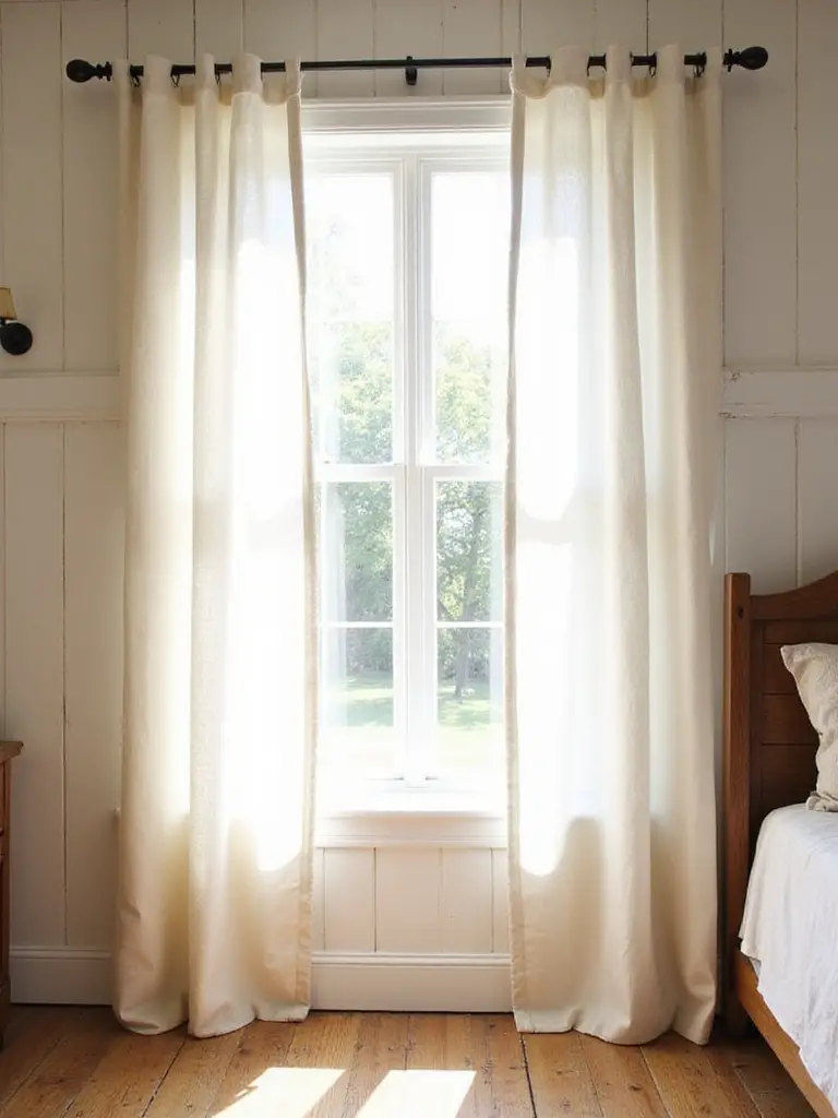 Cozy farmhouse bedroom window dressed with simple, natural off-white linen curtains, allowing soft natural light to fill the space.