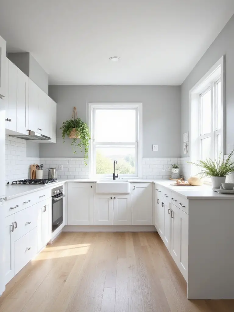 A small, bright and airy kitchen featuring white cabinets, light gray walls, and white countertops, demonstrating how a light color palette makes the space feel larger and more open.