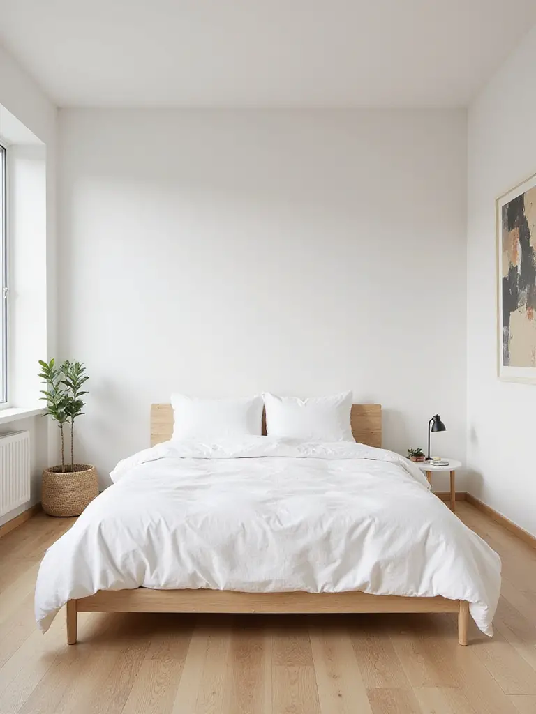 Minimalist bedroom with low-profile platform bed frame and white linen bedding.