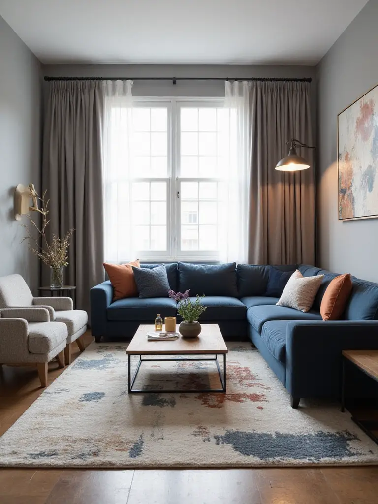 Modern living room featuring a sophisticated grey and navy color palette with accents of rust, showcasing a large sectional sofa and abstract rug.