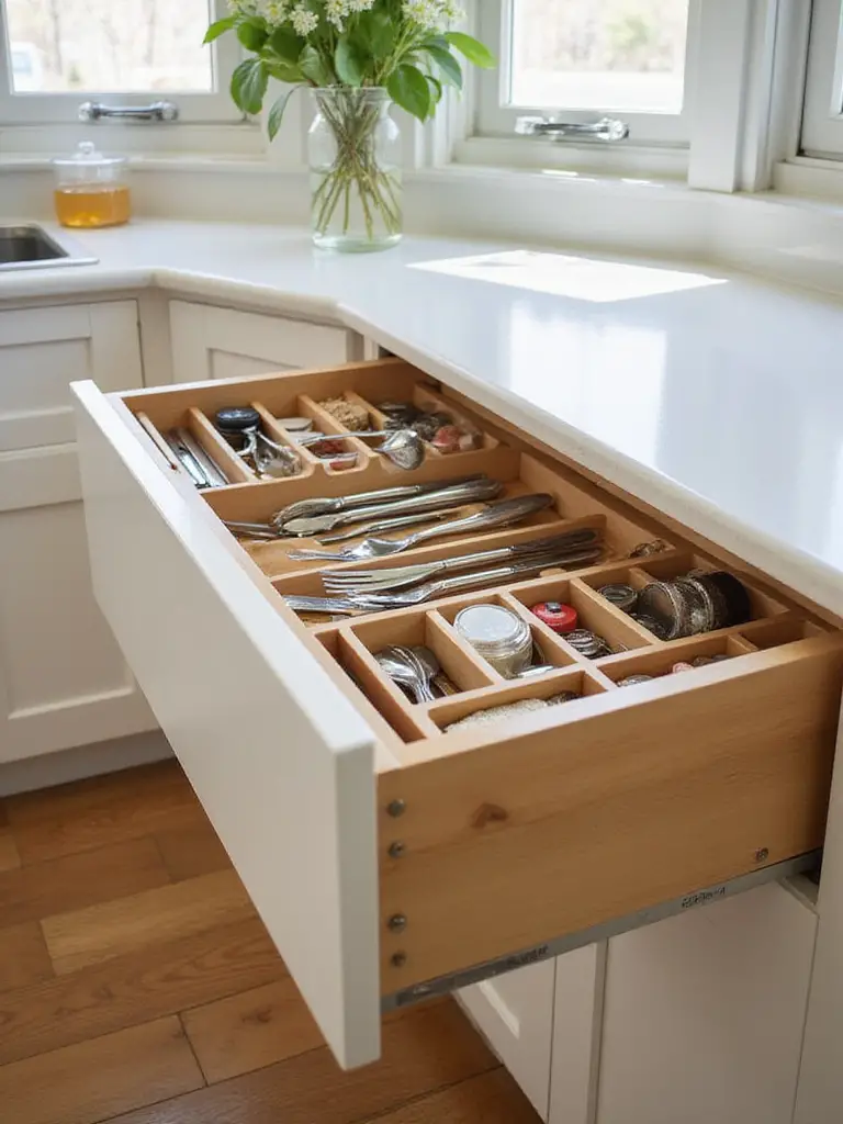 A deep kitchen drawer in a small kitchen is pulled open, showcasing smart inserts and dividers neatly organizing silver cutlery, cooking utensils, and spice jars. The drawer is illuminated by natural light.