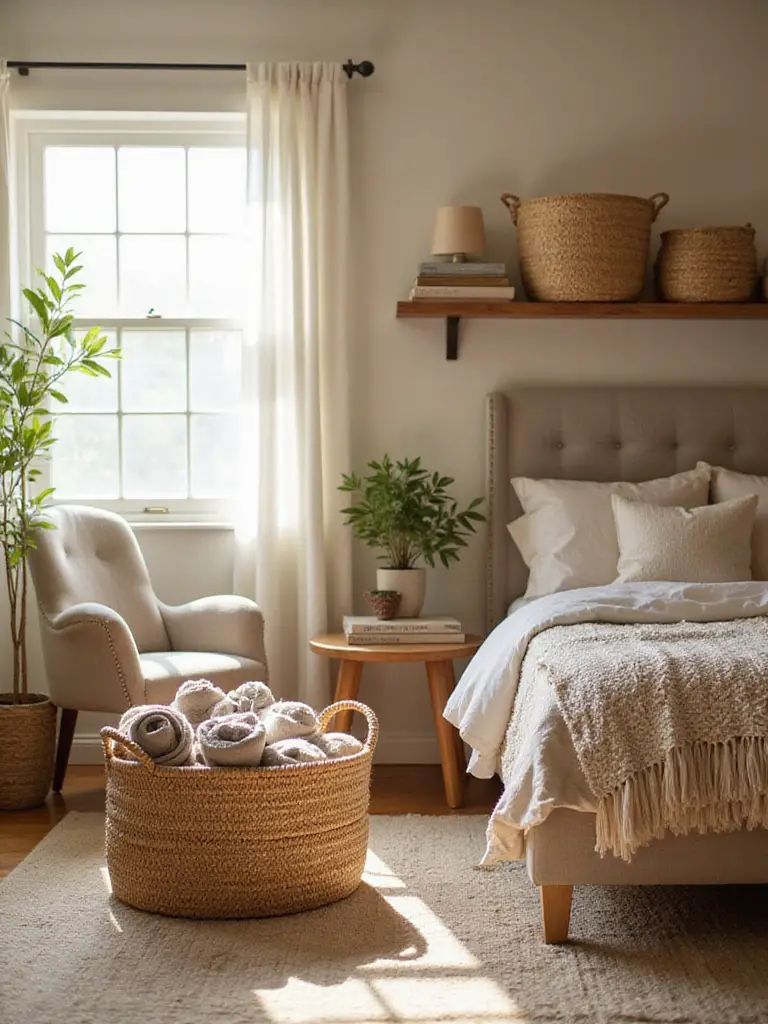 Various woven baskets used for organization and decor in a cozy farmhouse bedroom, showcasing their natural textures and practical storage solutions.