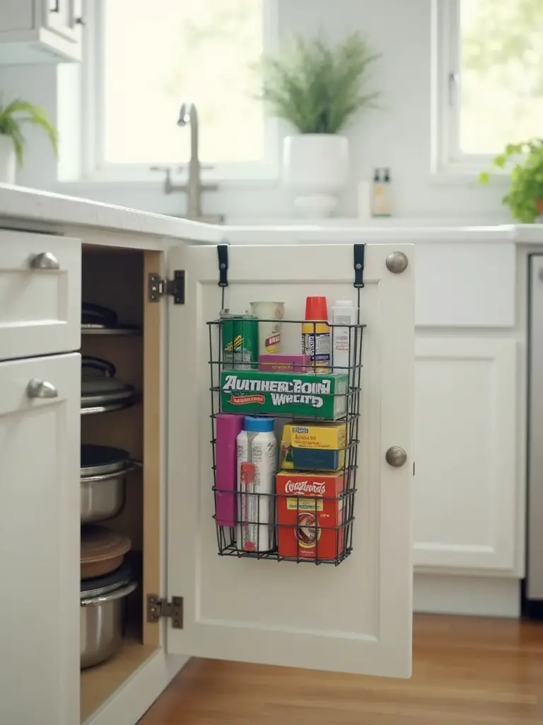 Over-the-cabinet door organizer holding boxes of wraps and bags on the back of an open kitchen cabinet door, maximizing storage space.