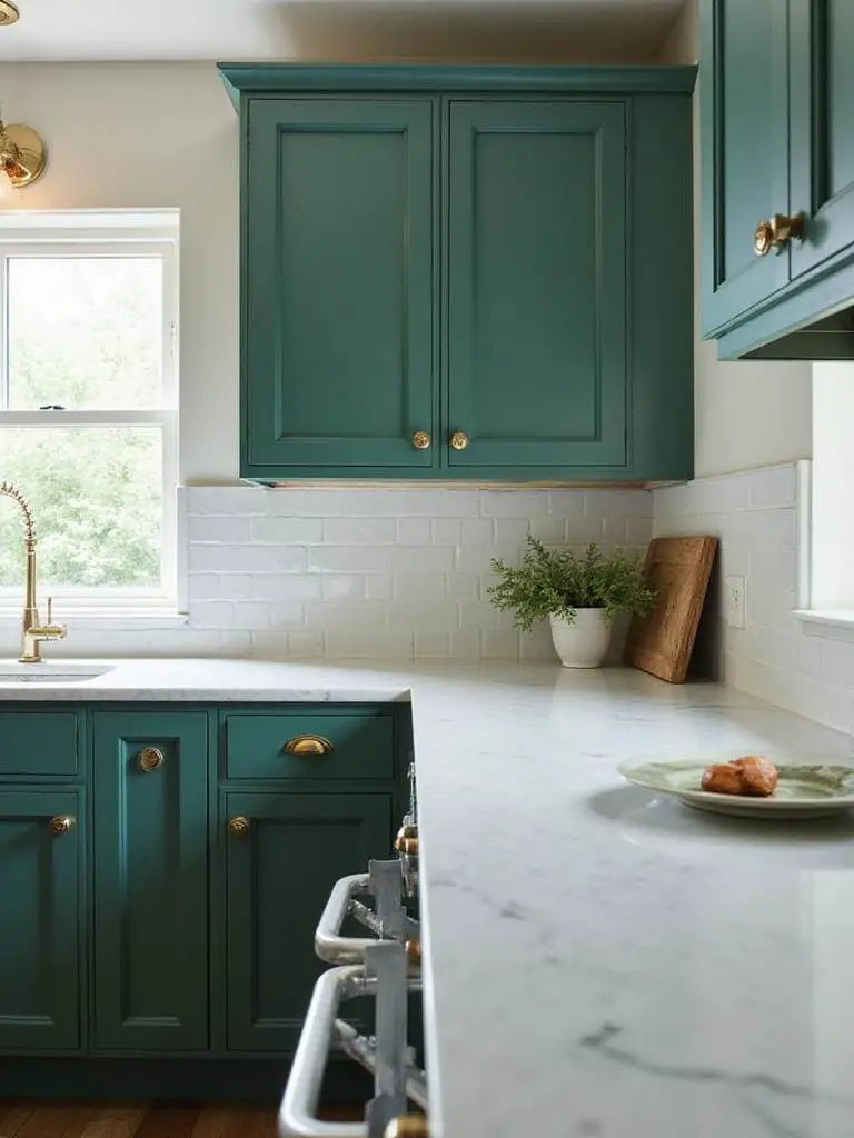 Elegant kitchen design with emerald green cabinets and white quartz countertops.