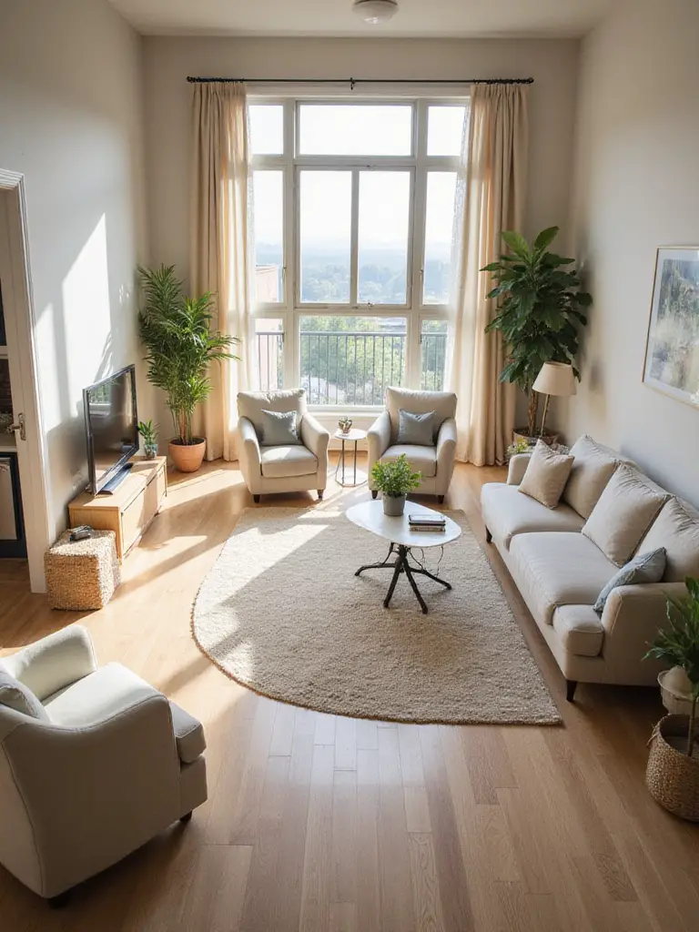 Living room with a furniture layout designed for easy flow and comfortable conversation, featuring a sofa and armchairs arranged around a coffee table near a window, with clear pathways.