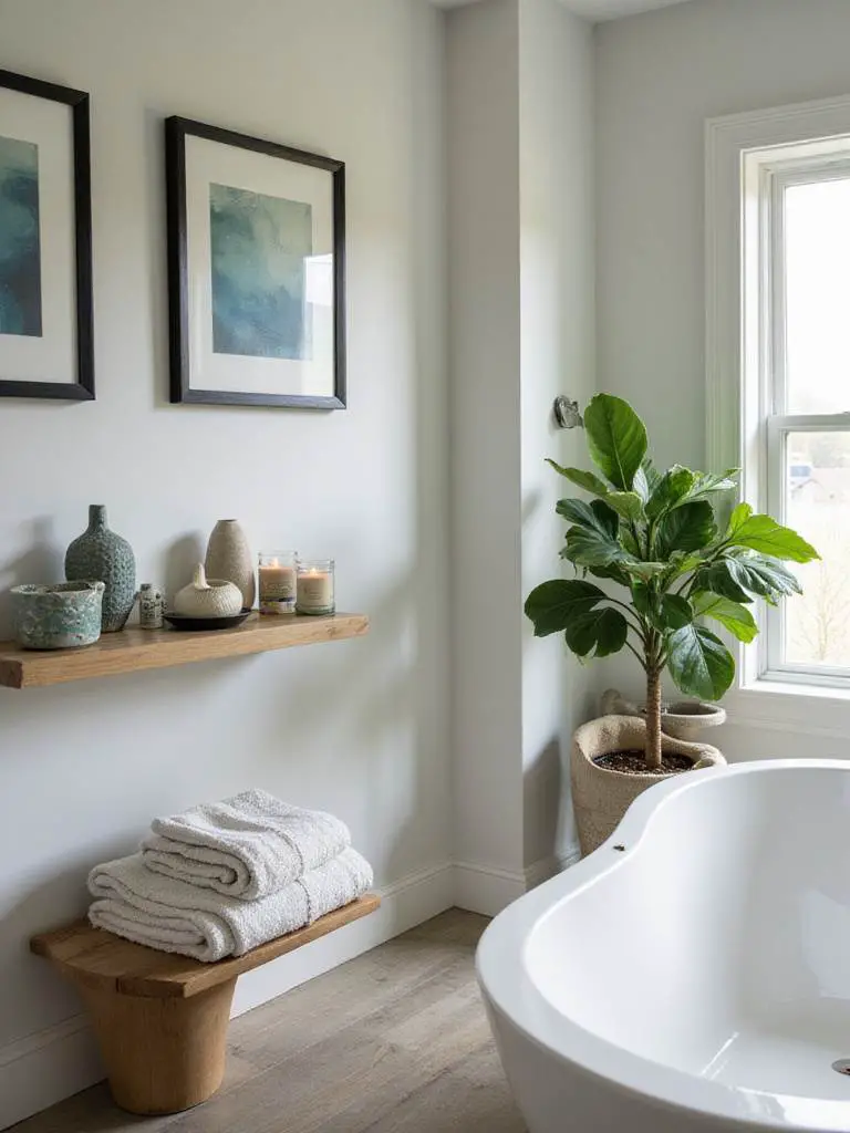 Luxurious bathroom interior featuring framed abstract artwork, a large potted plant, and decorative accessories on a shelf, creating a personalized and serene oasis.