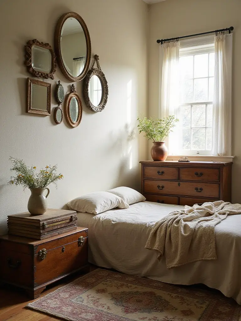 Cozy farmhouse bedroom featuring a mix of new and vintage decor, including an antique trunk nightstand, vintage mirrors, and a vintage quilt, bathed in soft morning light.