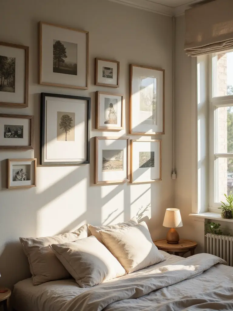 A bedroom wall featuring a gallery display of framed art and personal photographs above a bed with soft bedding, illustrating personalized decor.