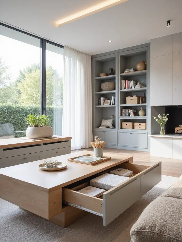 Bright living room showcasing smart storage furniture including a storage coffee table, media console with drawers, and built-in shelving.