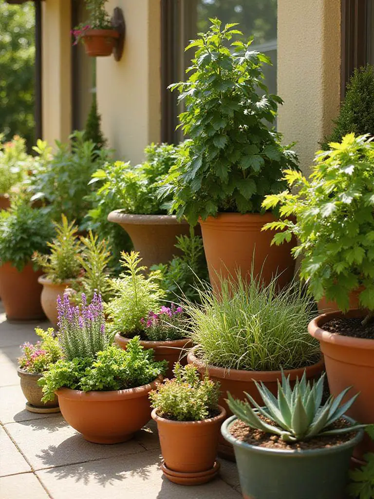 A vibrant patio filled with numerous healthy plants in a variety of containers, showcasing successful container gardening tailored to plant type and climate.