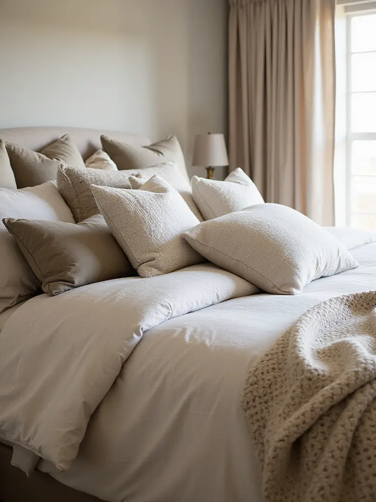 A King-sized bed styled with many layered decorative pillows in various sizes, textures, and patterns, creating a luxurious and inviting bedroom look.