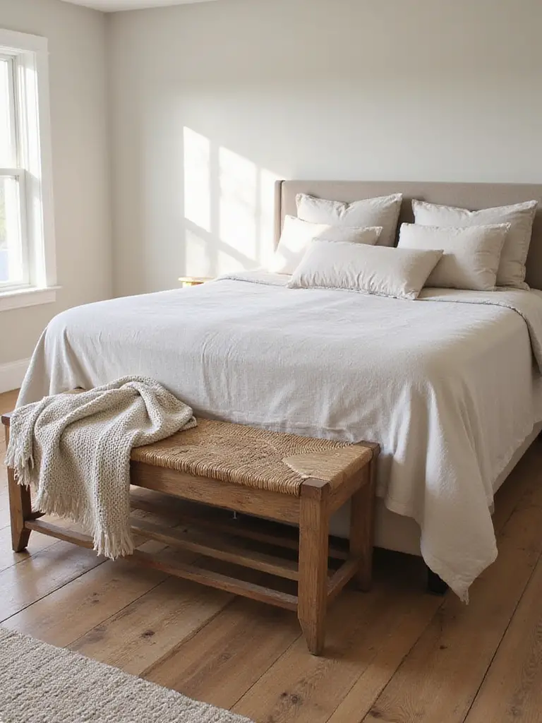 Rustic wooden bench with a woven seat placed at the foot of a bed in a cozy farmhouse bedroom.