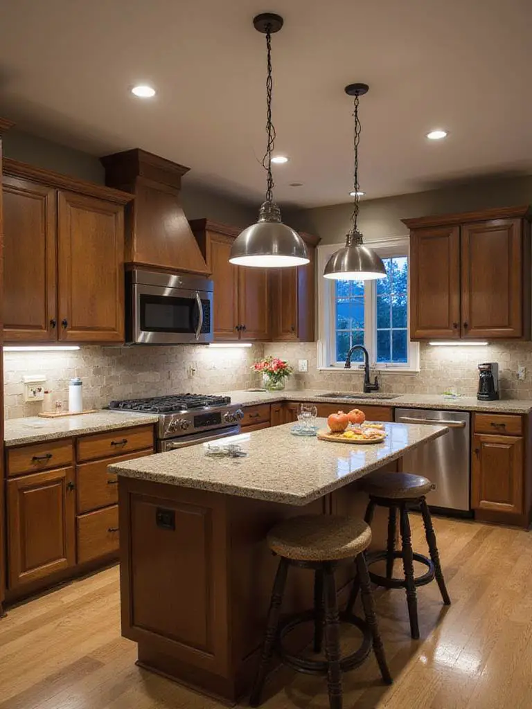 Layered kitchen lighting design showing ambient, task, and accent lighting working together in kitchen interior design