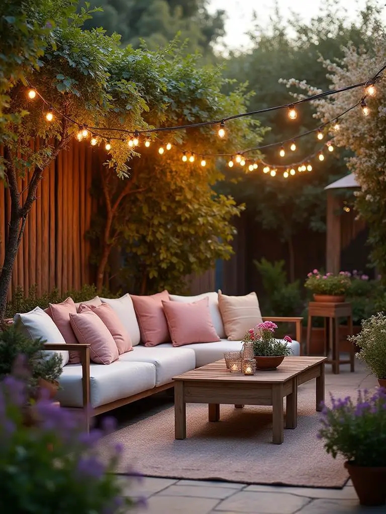 A serene outdoor seating area with a cozy sectional sofa and ambient lighting