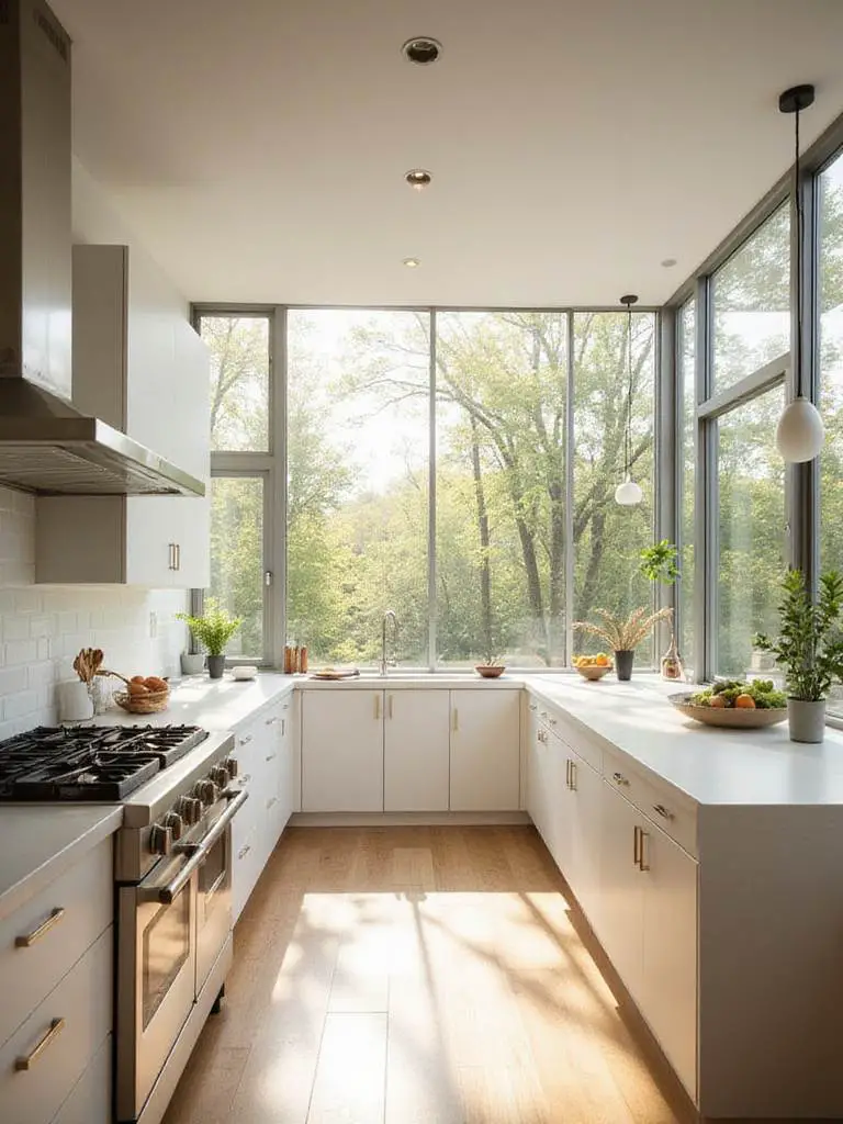 Natural light optimization in kitchen interior design showing window placement and light interaction with surfaces