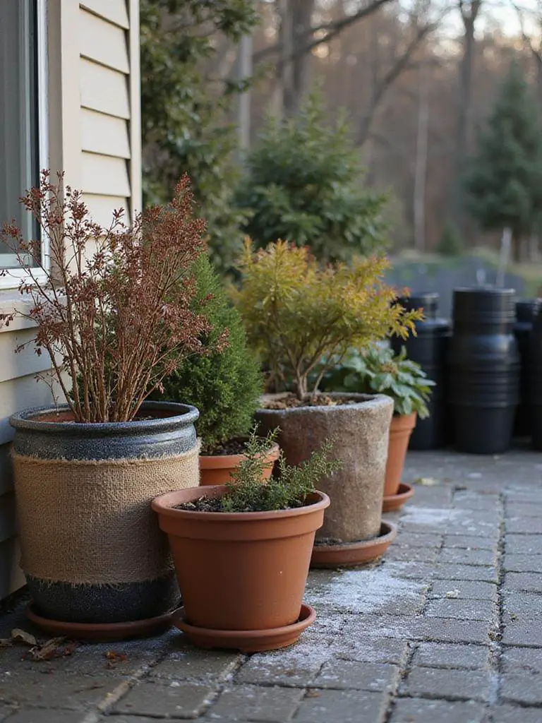 Late autumn patio with container plants grouped and insulated for winter, showing wrapped pots and some dormant foliage, illustrating preparation for the cold season.