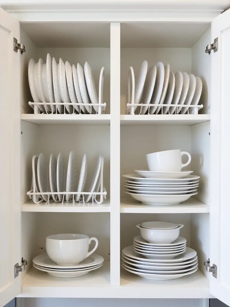 Kitchen cabinet interior showing plates organized vertically in wire plate racks and bowls stacked on dish stackers to maximize storage space.