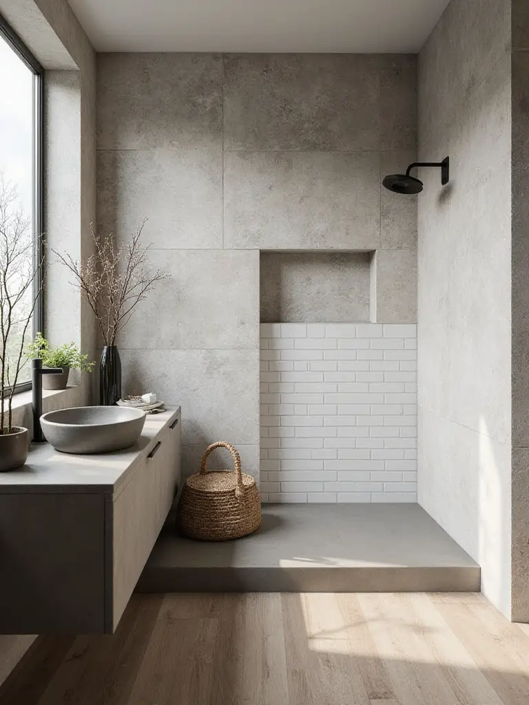 Modern bathroom showcasing a variety of textures for depth, including textured wall tiles, wood-look floor tiles, smooth concrete, and glossy subway tiles, under soft natural light.