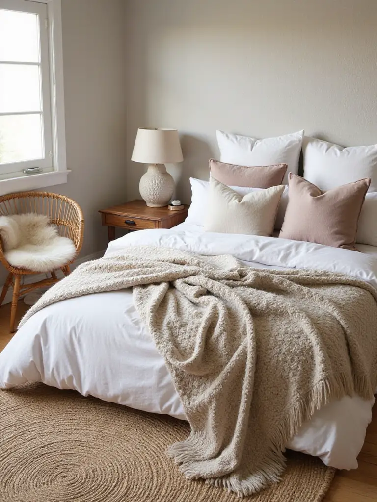 A cozy bedroom showcasing a variety of textures, including layered bedding, a jute rug, rattan furniture, and textured walls.