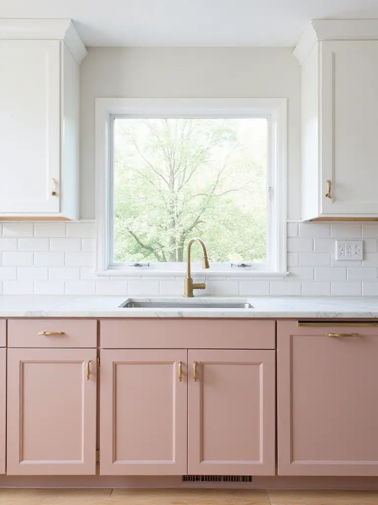 Modern kitchen design featuring dusty rose lower cabinets, white upper cabinets, brushed brass hardware, and white marble countertops.