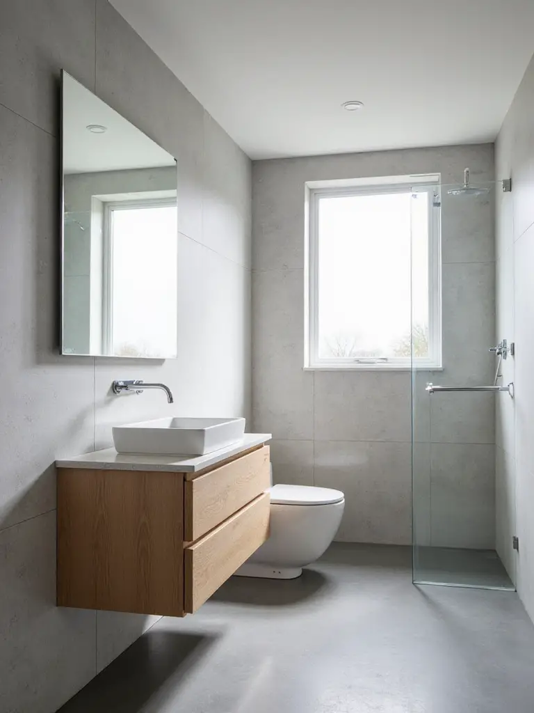 A modern bathroom showcasing clean lines and simple forms with a floating wooden vanity, rectangular sink, frameless mirror, and large format grey tiles.