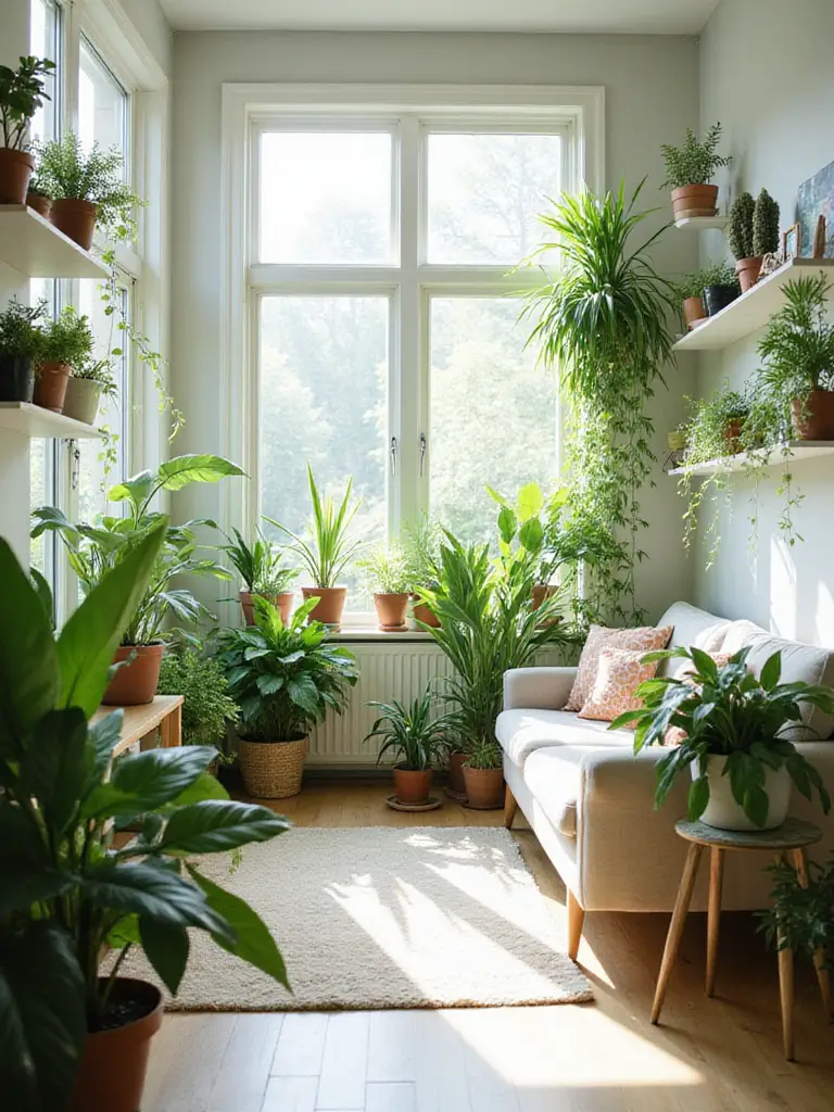 Modern living room interior featuring a variety of lush green houseplants placed on shelves, floor, and stands, illuminated by natural light.