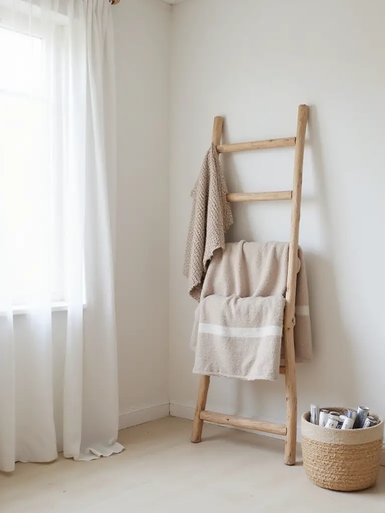Minimalist bedroom corner with functional decor: wooden ladder blanket storage and woven basket magazine holder.