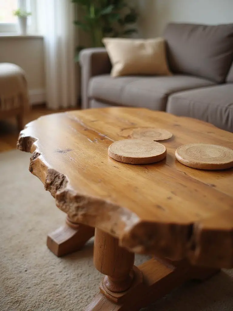 Close-up of a well-maintained wooden coffee table with coasters, showcasing a smooth, protected surface in a living room.