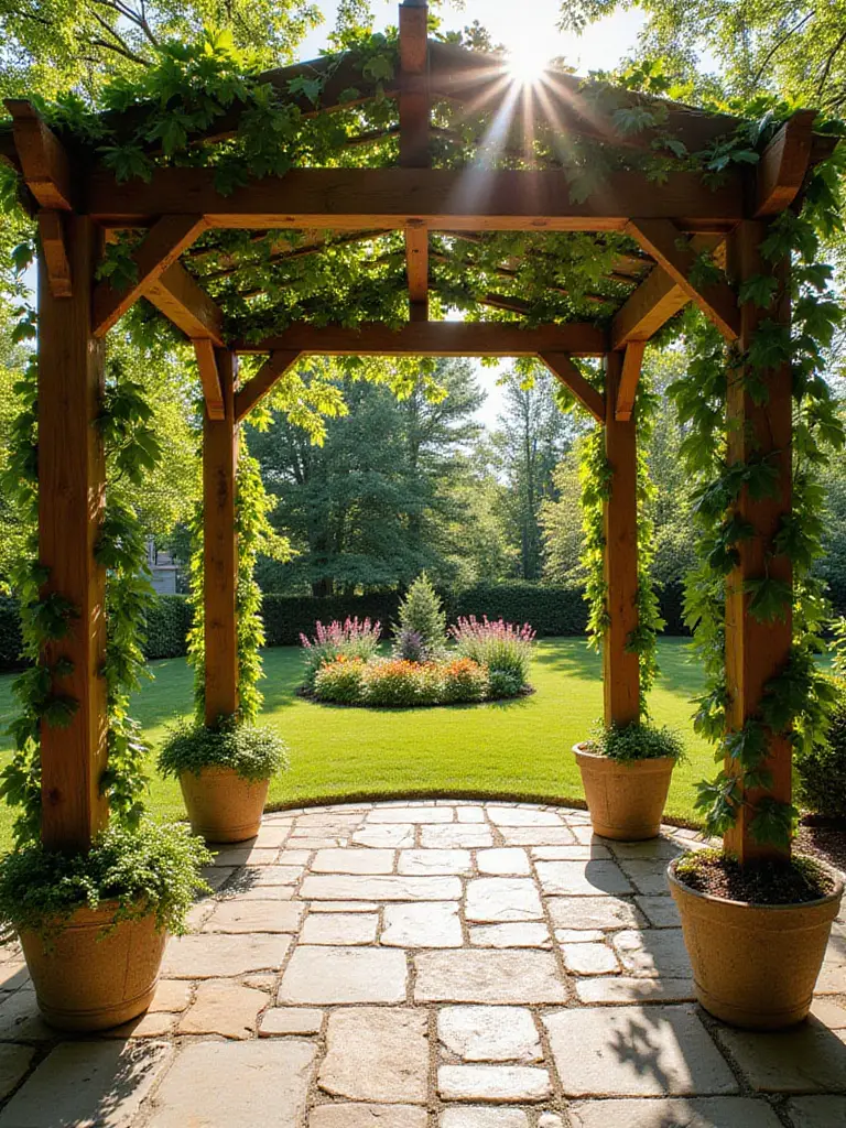 Elegant wooden pergola covering a patio in a lush backyard garden, providing shade and architectural interest.