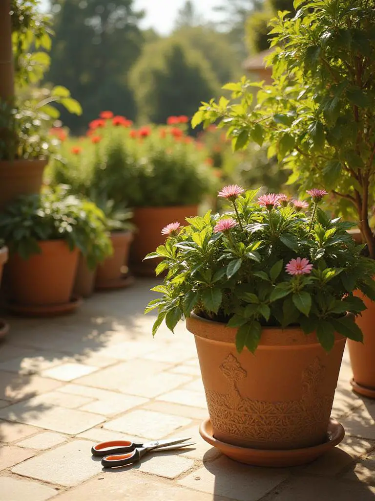 Sunny patio scene with container plants and pruning shears, illustrating the importance of plant maintenance like pruning and deadheading for healthy growth and abundant flowers.