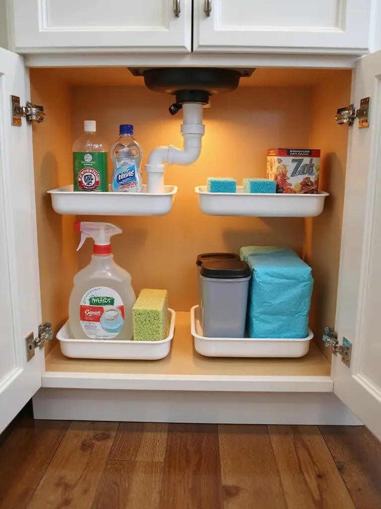Pull-out caddies organizing cleaning supplies and other items under a kitchen sink.