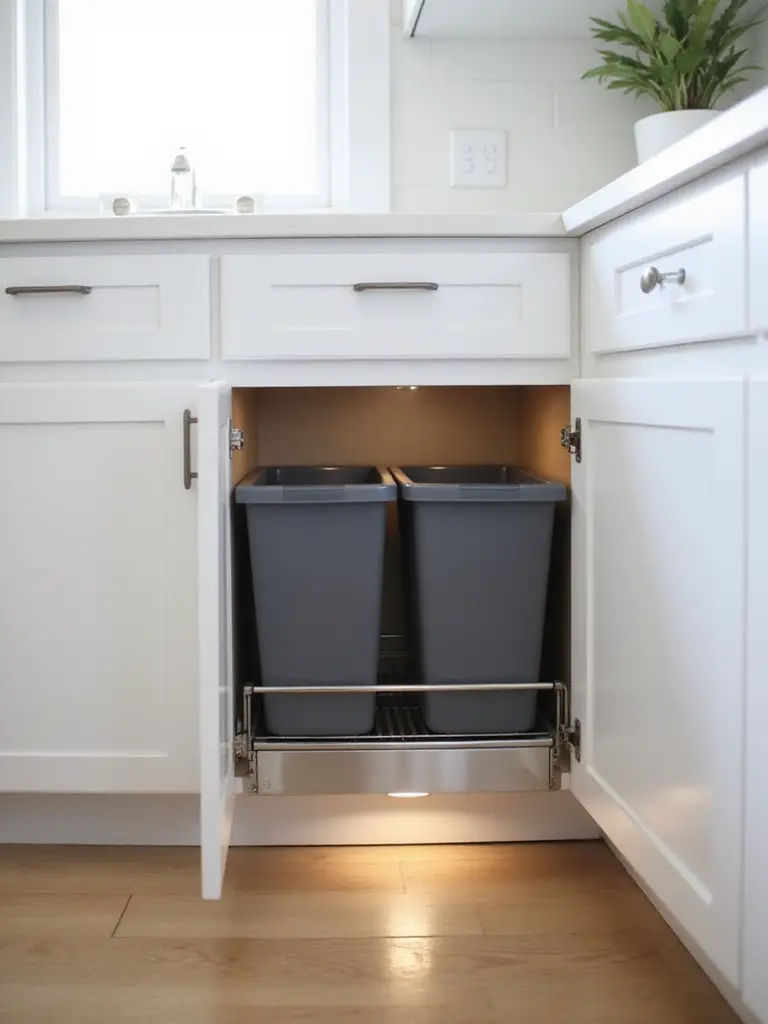Under-counter kitchen cabinet open showing a pull-out system with two bins for trash and recycling.