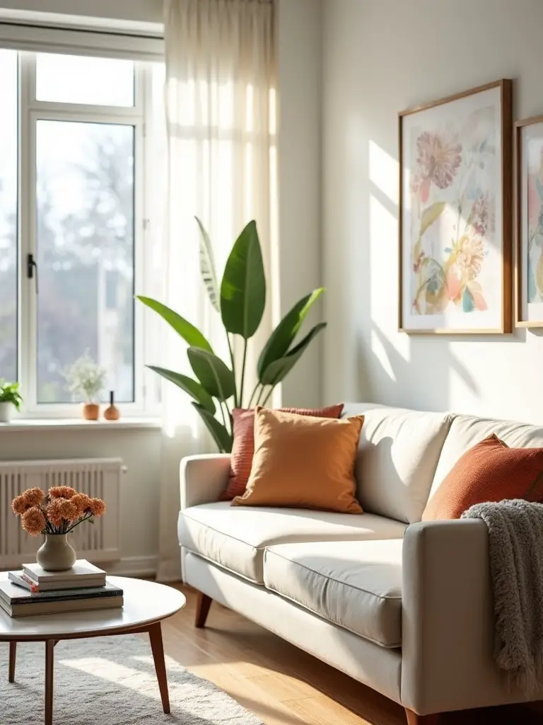 Bright apartment living room showcasing quick decor updates like colorful pillows, rearranged art, and a potted plant.
