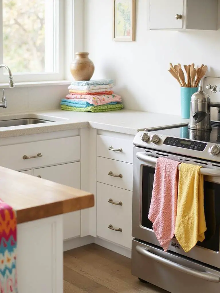 Kitchen scene with colorful patterned and textured kitchen towels draped on an oven handle and folded on the counter, and a table runner on the island, adding warmth and style.