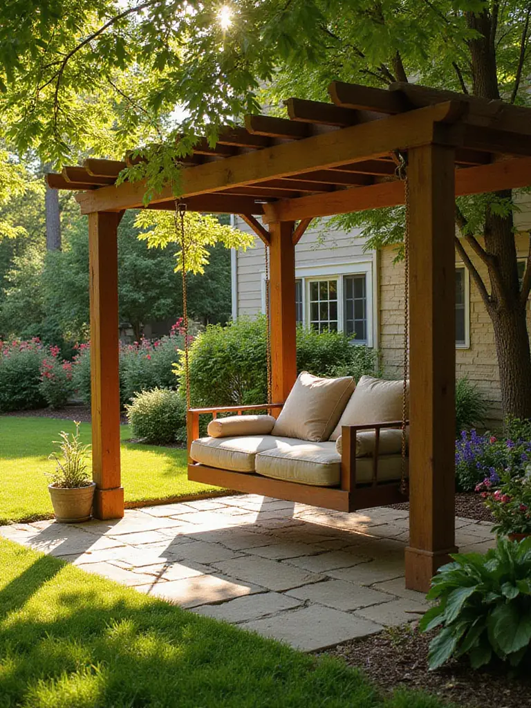 A comfortable outdoor swing chair hangs from a wooden pergola on a stone patio in a lush backyard garden.