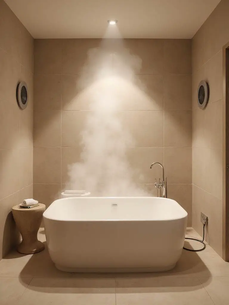 Luxurious modern bathroom featuring an integrated sound system with discreet ceiling speakers, a freestanding soaking tub, and soft ambient lighting, creating a relaxing spa retreat.