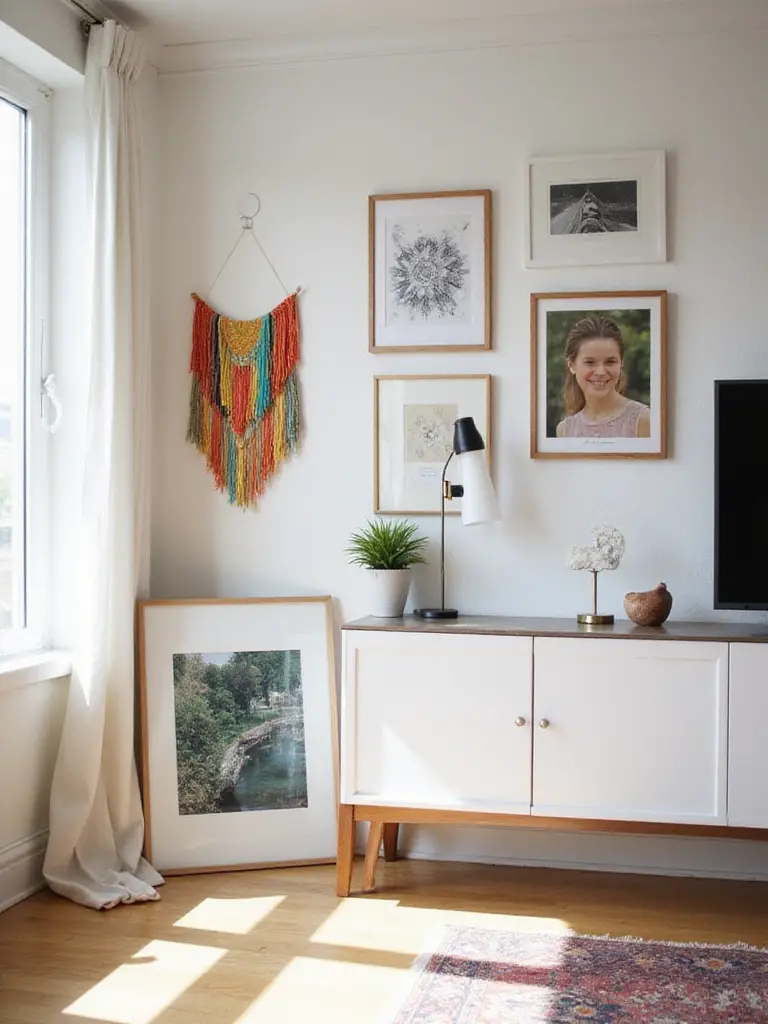 A stylish apartment living room wall showcasing renter-friendly wall art ideas, including a leaned large print, a gallery wall hung with adhesive strips, and a colorful textile piece.