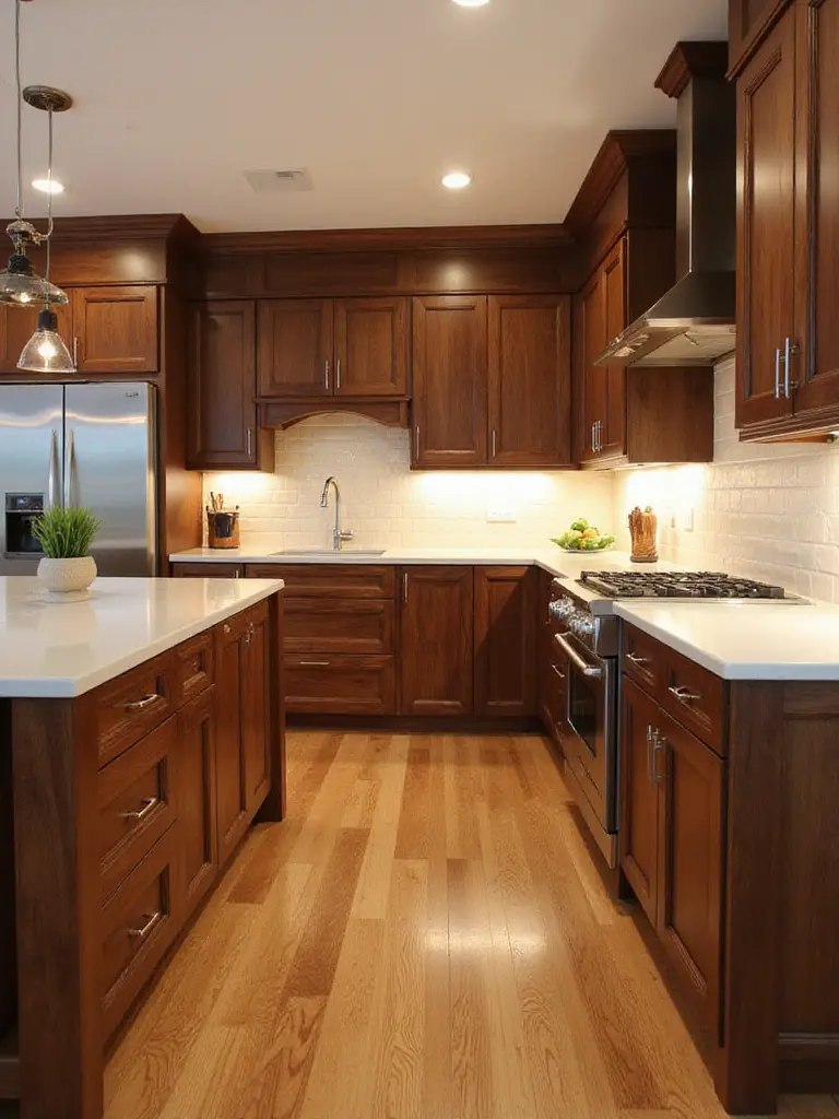 A luxurious kitchen featuring rich walnut wood cabinetry, a light countertop island, and neutral backsplash tiles, showcasing the natural warmth and grain of the wood.