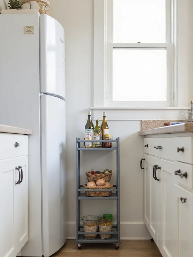A slim grey utility cart neatly placed in the narrow gap between a refrigerator and cabinet in a small, modern kitchen, providing extra storage for spices and kitchen essentials.